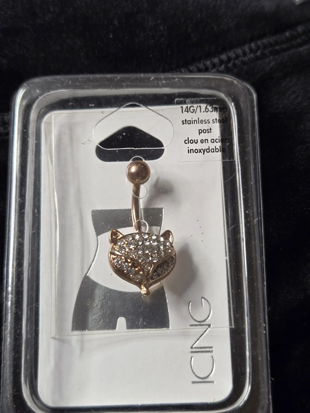 Paved CZ Crystal Fox Belly Button Ring - Rose Gold Tone 14G Stainless Steel-NIB